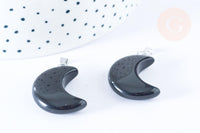 Pendentif lune obsidienne noire naturelle support laiton argenté 29mm, x1 (G6996)