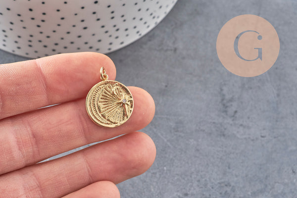 Pendentif lune rond gravé laiton doré 16K étoile zircon 20.5mm, un pendentif doré avec des cristaux pour la création de bijoux, x1 (G5960)