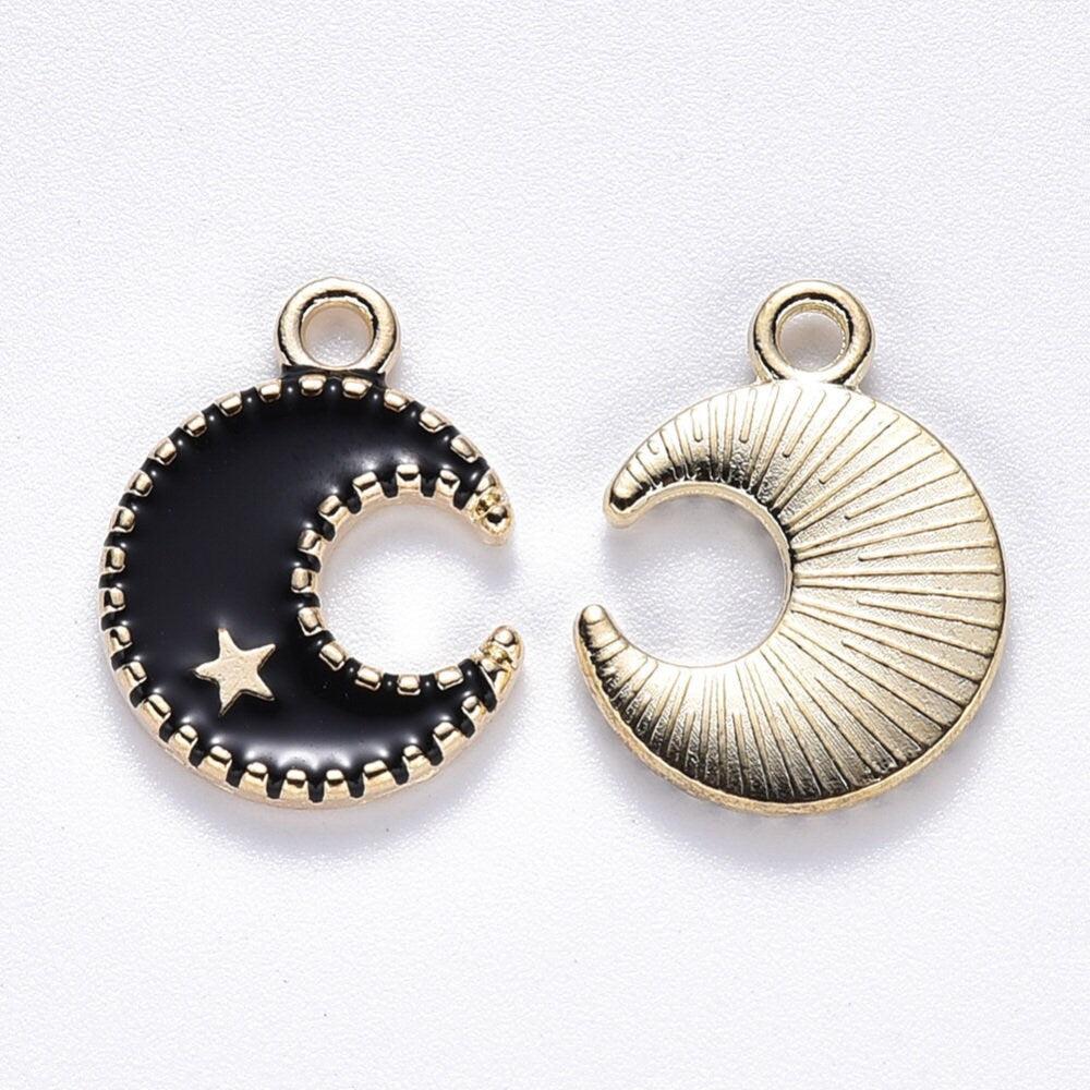 Pendentif lune zamac doré émail noir 16mm,pendentif doré pour création de bijoux, x5 (G6087)