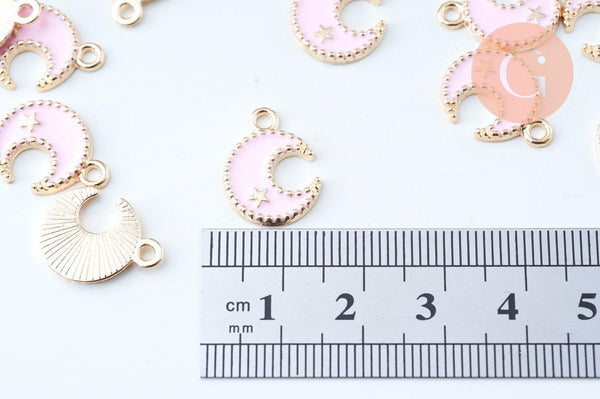 Pendentif lune zamac doré émail rose clair 16mm,pendentif doré pour création de bijoux, x5 G6093