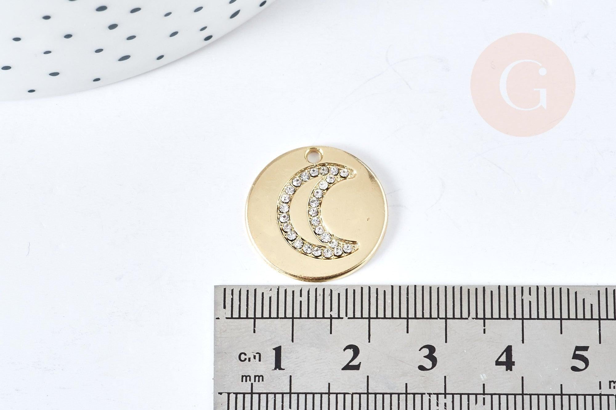 Pendentif lune zamac dore et zircons 19mm,pendentif médaille doré création bijoux, x1 (G8517)