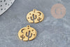 Pendentif médaille cactus étoiles acier doré 20.5mm, breloque acier inoxydable doré x1 (G6038)