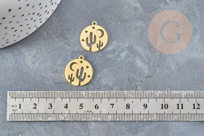Pendentif médaille cactus étoiles acier doré 20.5mm, breloque acier inoxydable doré x1 (G6038)