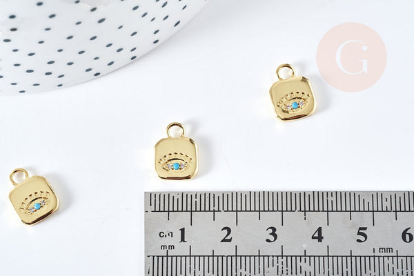 Pendentif médaille carré oeil protecteur laiton doré zircon 13mm, x1 (G8588)