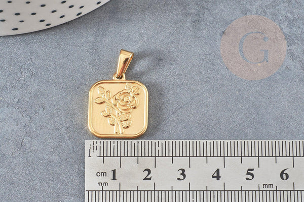 Pendentif médaille carré rose acier 304 inoxydable doré 20.5mm, création bijoux médaille or x1 (G4551)