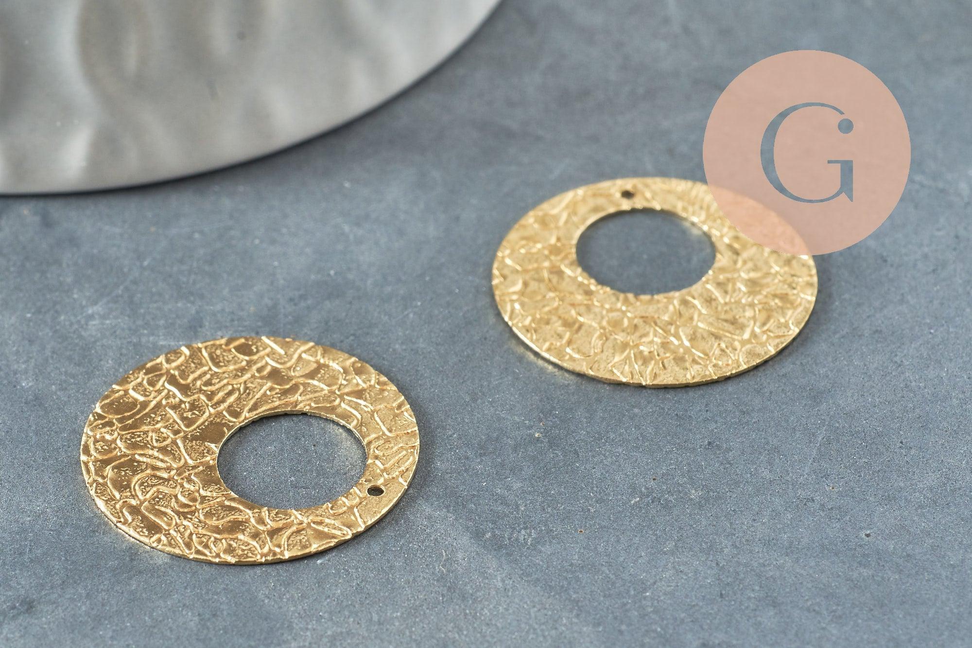 Pendentif médaille cercle martelée laiton brut 22.4mm, apprêt doré sans nickel, x2 (G1188)