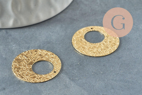 Pendentif médaille cercle martelée laiton brut 22.4mm, apprêt doré sans nickel, x2 (G1188)