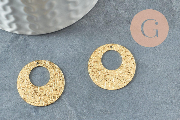 Pendentif médaille cercle martelée laiton brut 22.4mm, apprêt doré sans nickel, x2 (G1188)