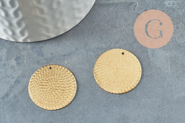 Pendentif médaille cerle texturée laiton brut 25mm, bijoux laiton brut x2 (G1226)
