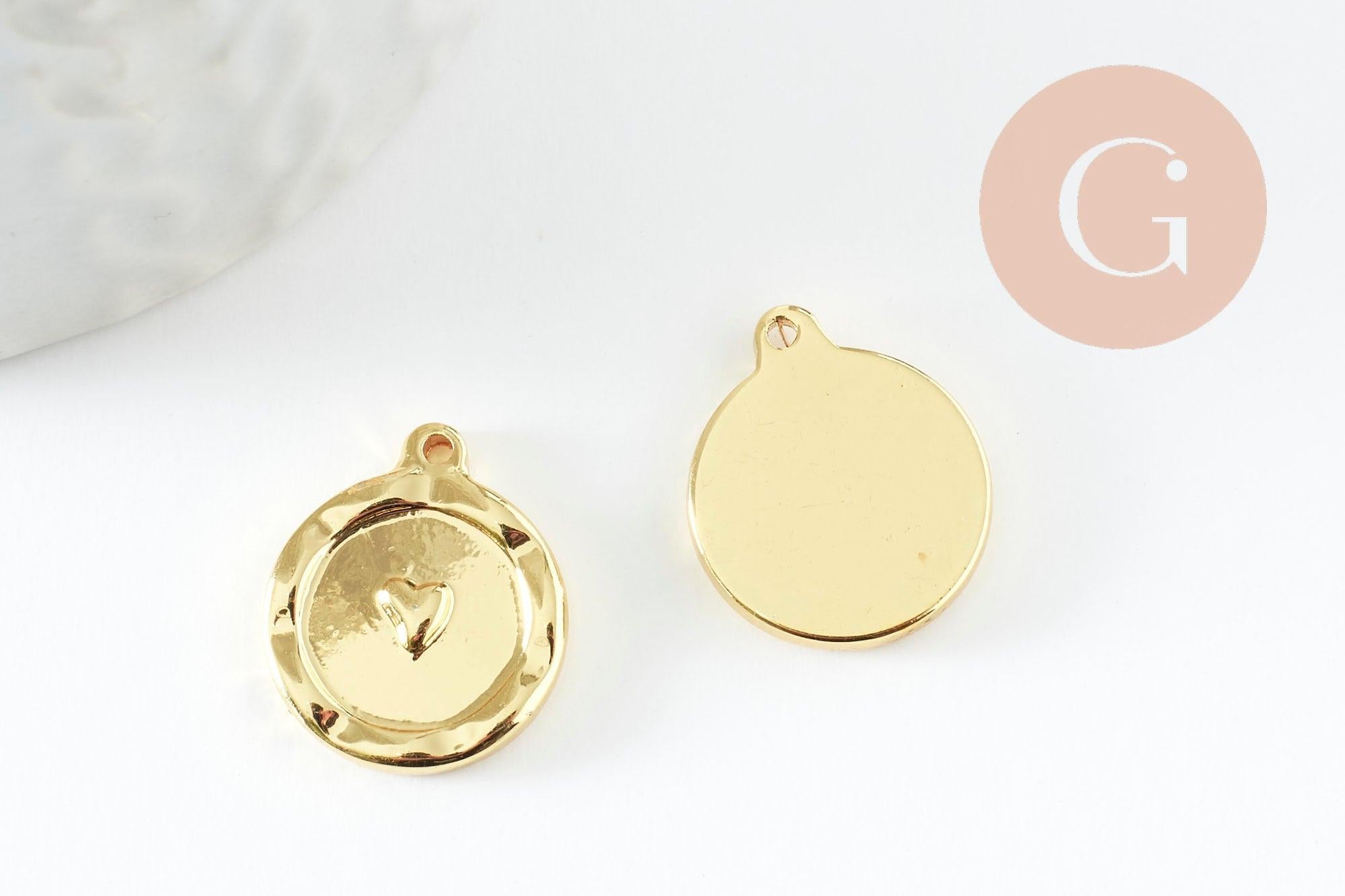 Pendentif médaille coeur acier 304 IP inoxydable doré 18K 18mm, x1 (G9579)