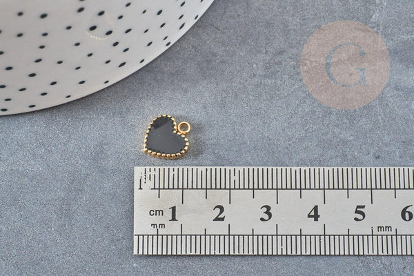 Pendentif médaille coeur acier doré émail noir, pendentif acier doré,sans nickel,médaille acier,11mm x1 G4885