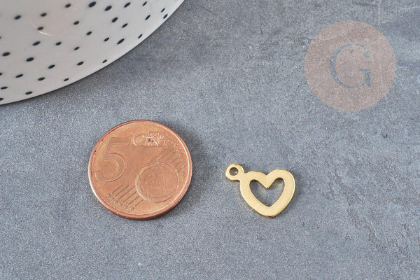 Pendentif médaille coeur acier doré, pendentif acier doré,sans nickel,acier doré, médaille acier,14mm, x5 G3632