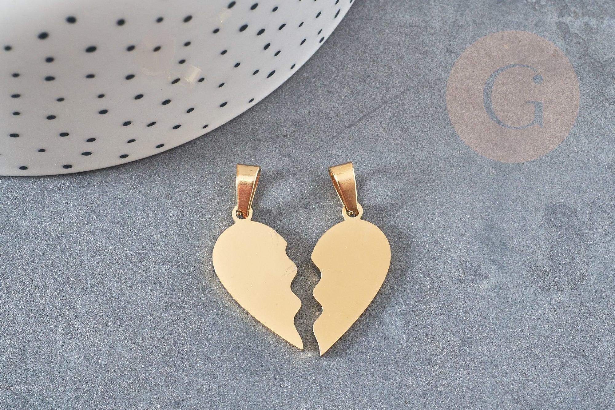 Pendentif médaille coeur acier doré séparable, pendentif acier doré sans nickel pour création bijoux amour et BFF, 26.5mm, x2 G3633