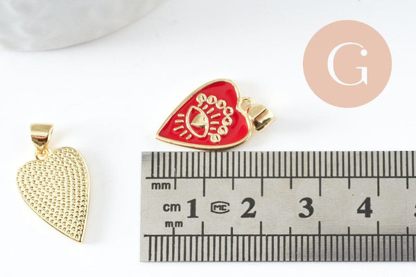 Pendentif médaille coeur émail rouge laiton doré 18K , pendentif laiton amour pour création bijoux,18.5mm, x1 (G5317)