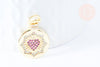 Pendentif médaille coeur laiton doré 18k zircons rouges 21mm, création bijoux fantaisie amour, x1 G6968