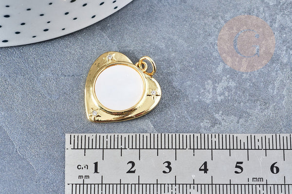 Pendentif médaille coeur nacre naturelle laiton doré 23mm sans nickel, x1 (G8838)