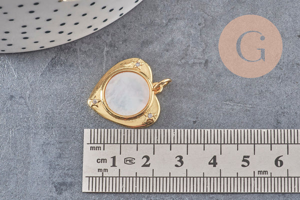 Pendentif médaille coeur nacre naturelle laiton doré 23mm sans nickel, x1 (G8838)