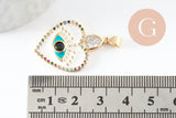 Pendentif médaille coeur oeil émail rouge laiton doré 18K et cristal zircon,pendentif laiton amour pour création bijoux,30.5mm, x1 (G7813)