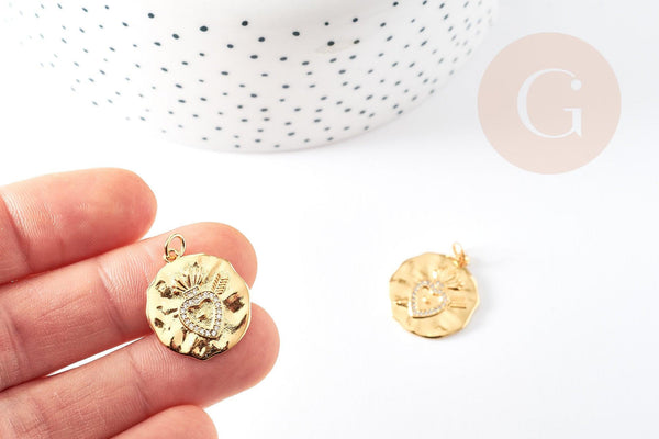 Pendentif médaille coeur sacré laiton doré 18k 22mm sans nickel, pendentif amour, x1 G5958