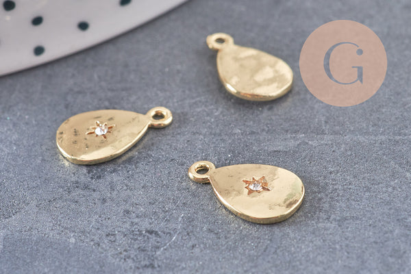 Pendentif médaille goutte zamac doré zircon blanc, pendentif doré sans nickel, création bijoux dorés,14mm, x1 (G5594)