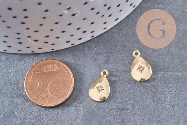 Pendentif médaille goutte zamac doré zircon blanc, pendentif doré sans nickel, création bijoux dorés,14mm, x1 (G5594)