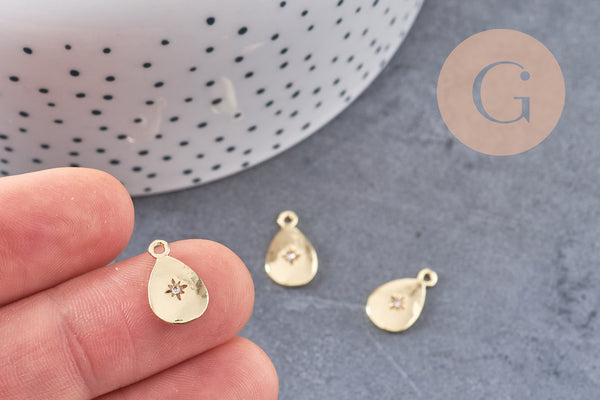 Pendentif médaille goutte zamac doré zircon blanc, pendentif doré sans nickel, création bijoux dorés,14mm, x1 (G5594)