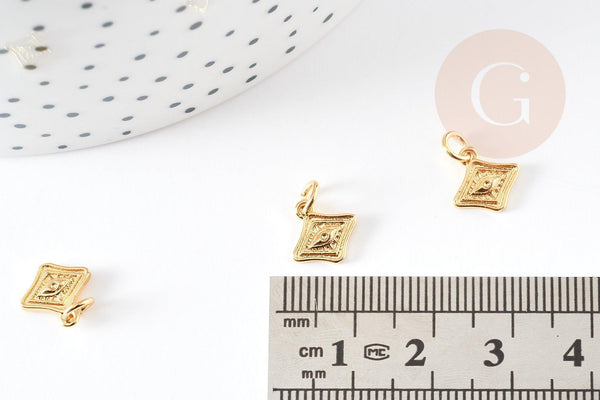 Pendentif médaille losange oeil laiton doré 18K texturé, un pendentif doré sans nickel pour la création,médaille or,10mm, x1 (G4672)