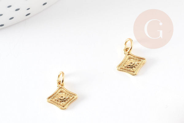 Pendentif médaille losange oeil laiton doré 18K texturé, un pendentif doré sans nickel pour la création,médaille or,10mm, x1 (G4672)