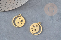 Pendentif médaille lune étoiles acier doré 20.5mm, breloque doré, acier inoxydable doré, pendentif sans nickel, x1 G6144