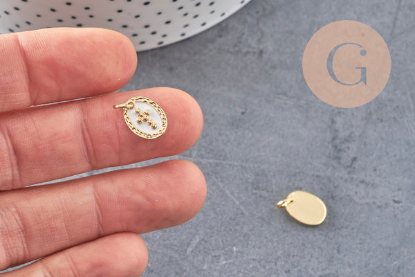 Pendentif médaille ovale croix laiton doré, pendentif laiton, pendentif religion,sans nickel, notre dame, madonne,12mm, x1 (G2949)