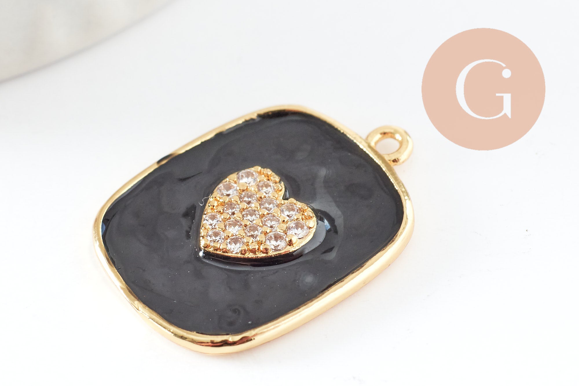 Pendentif médaille rectangle coeur émail laiton doré zircon,21.5mm, x1 (G5242)