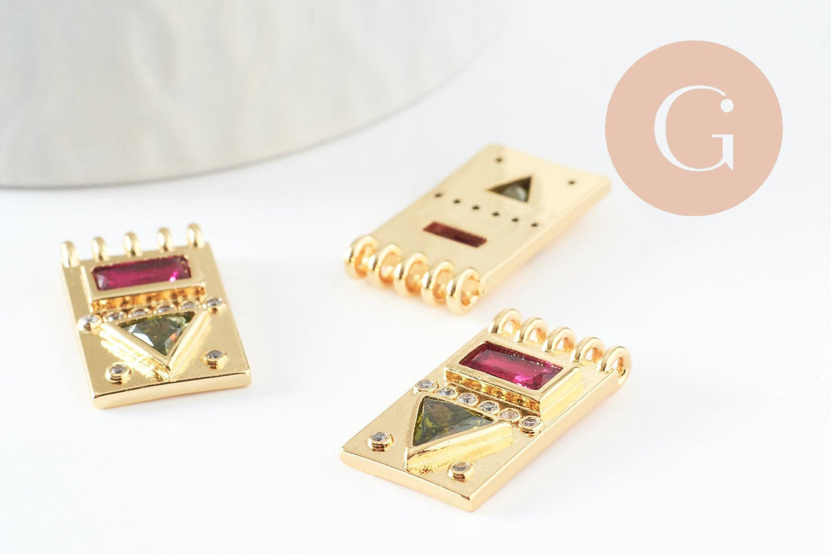 Pendentif médaille rectangle laiton doré zircon coloré 14.5mm, x1 (G3779)