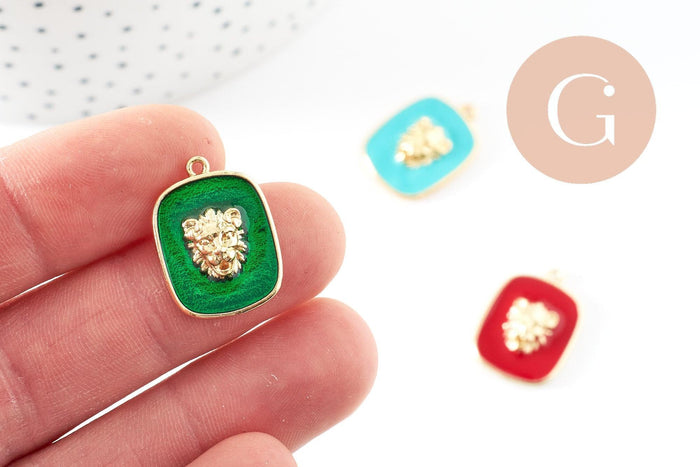 Pendentif médaille rectangle lion émail laiton doré 21.5mm, création bijoux animal x1 G9550