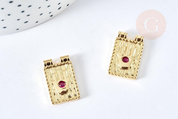 Pendentif médaille rectangle main fatma chance laiton doré zircon 21mm, pendentif or avec cristaux création de bijoux, x1 G7674
