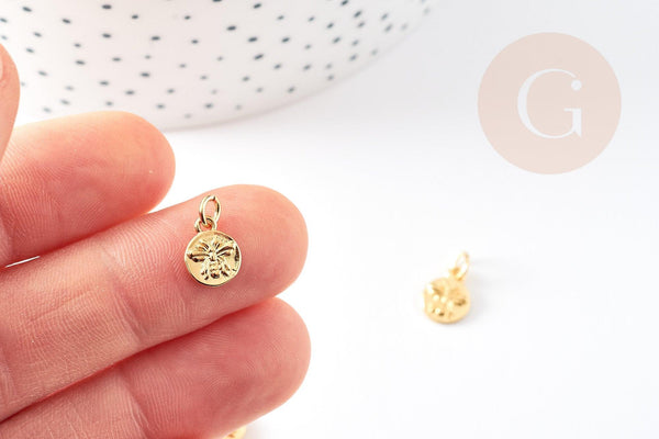 Pendentif médaille rond abeille laiton doré 10mm, x1 (G3371)