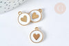 Pendentif médaille rond cœur émail blanc zamac doré 16mm, création bijou amour, x1 (G7426)