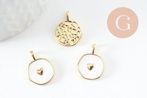 Pendentif médaille rond coeur émail laiton doré et zircon 18mm, x1 (G3645)