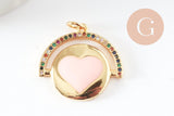 Pendentif médaille rond coeur émail laiton doré et zircon 21mm, x1 (G6191)