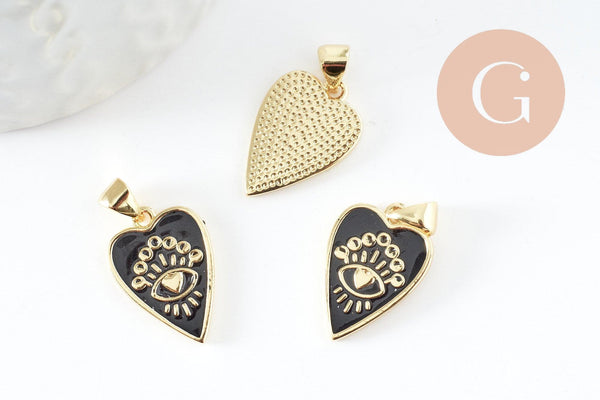 Pendentif médaille rond coeur émail noir laiton doré 18K , pendentif laiton amour pour création bijoux,18.5mm, x1 (G5325)