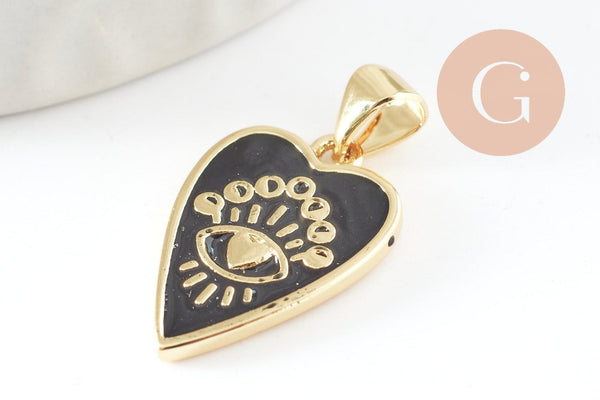 Pendentif médaille rond coeur émail noir laiton doré 18K , pendentif laiton amour pour création bijoux,18.5mm, x1 (G5325)