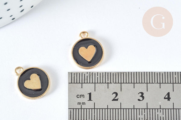 Pendentif médaille rond cœur émail noir zamac doré, création bijou amour, x1 (G7421)