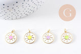 Pendentif médaille rond coeur émail rose laiton doré 18K 18mm , pendentif laiton coeur,sans nickel, x1 (G8420)