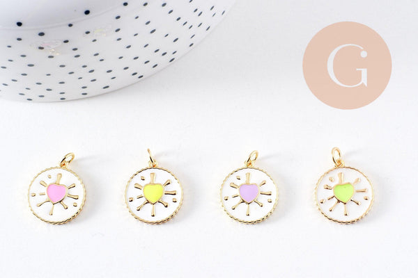 Pendentif médaille rond coeur émail rose laiton doré 18K 18mm , pendentif laiton coeur,sans nickel, x1 (G8420)