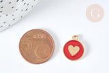 Pendentif médaille rond cœur émail rouge zamac doré, création bijou amour, x1 (G7425)