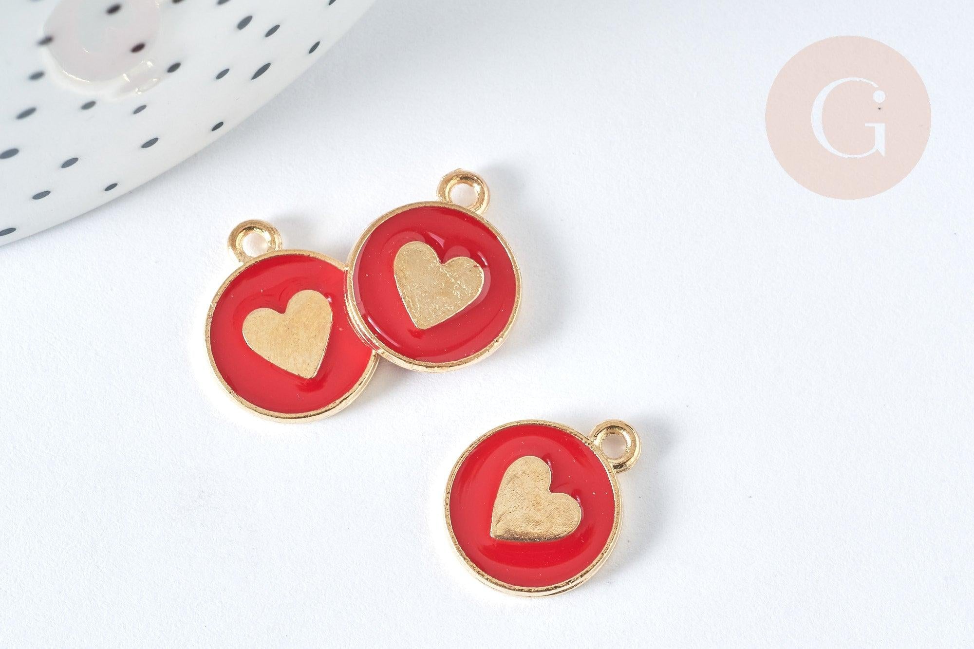 Pendentif médaille rond cœur émail rouge zamac doré, création bijou amour, x1 (G7425)