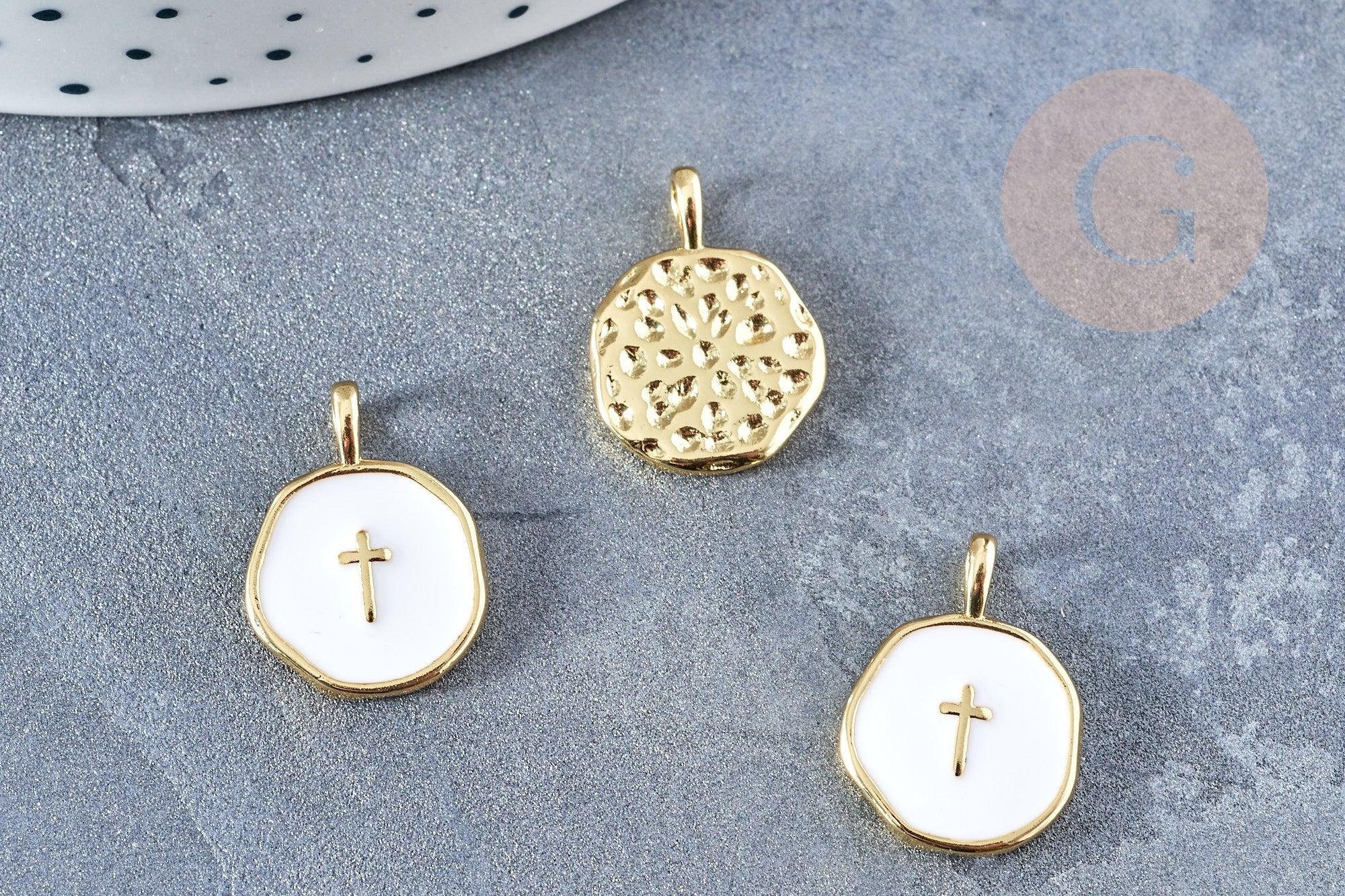Pendentif médaille rond croix émail blanc laiton doré 18mm, pendentif laiton émaillé,sans nickel, x1 G8548