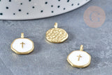Pendentif médaille rond croix émail blanc laiton doré 18mm, pendentif laiton émaillé,sans nickel, x1 G8548