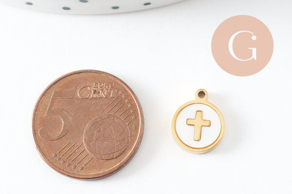 Pendentif médaille rond croix nacre naturelle blanche acier 304 doré inoxydable, x1 (G9693)
