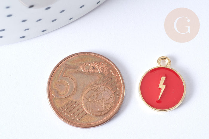 Pendentif médaille rond éclair émail rouge zamac doré 16mm, x1 (G7891)