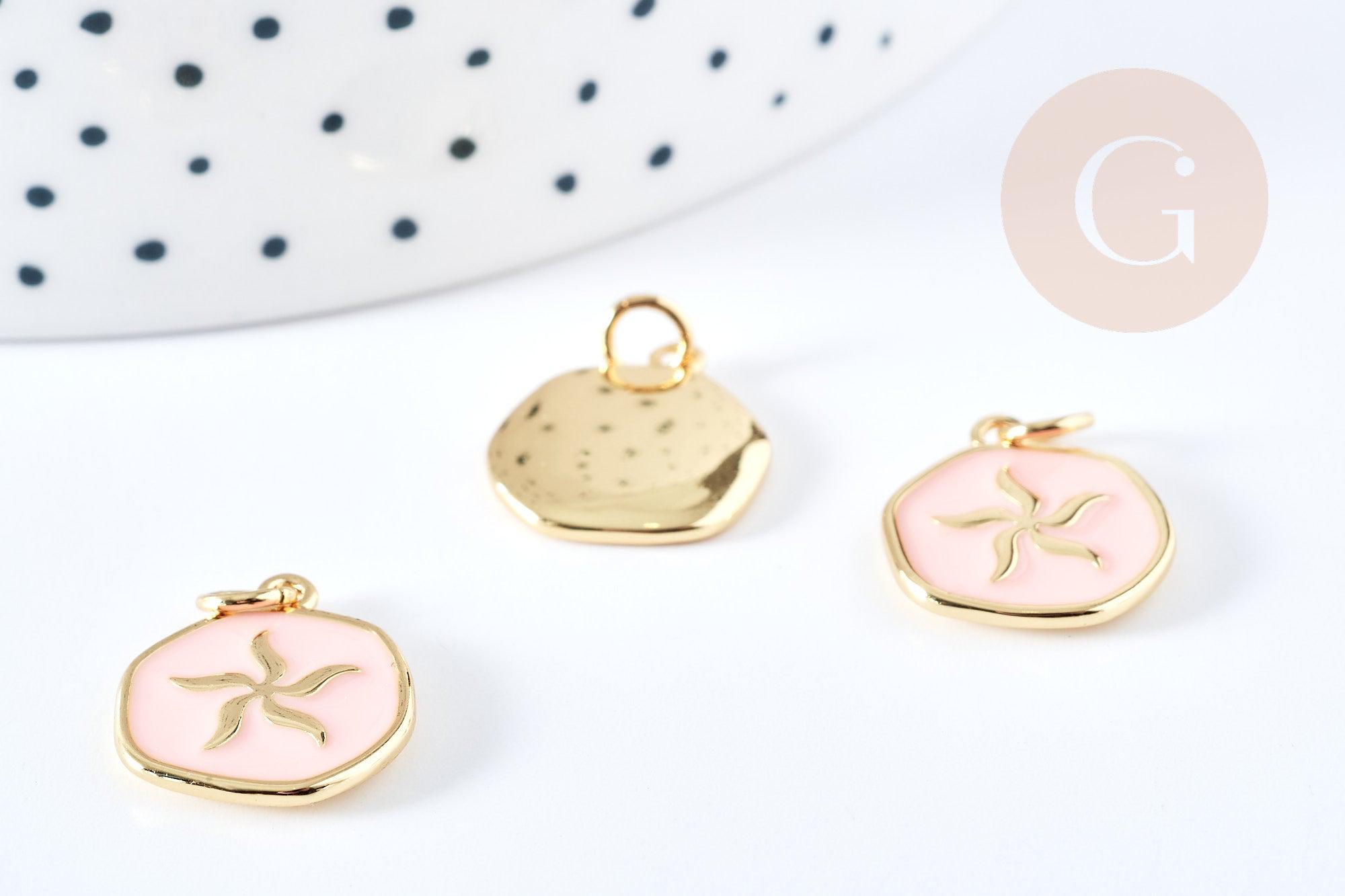 Pendentif médaille rond fleur émail rose clair laiton doré 18mm, pendentif laiton émaillé,sans nickel, x1 G8551